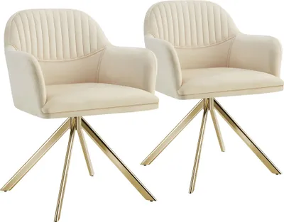 Two cream-colored swivel chairs with gold legs are shown against a white background.