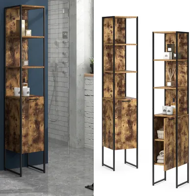 A collage of a tall, narrow bathroom cabinet with a rustic wood finish and black metal frame, shown in two different settings: one in a bathroom and one isolated on a white background.