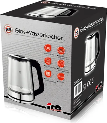 Produktbild von elektrischer Wasserkocher aus Glas und Edelstahl 1,8L Glas-Wasserkocher mit LED-Beleuchtung, und drehbareren Sockel 360°