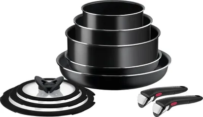 A set of cookware with detachable handles and a glass lid is displayed against a white background.