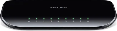 A black TP-Link network switch with eight ports, each indicated by a green LED light.
