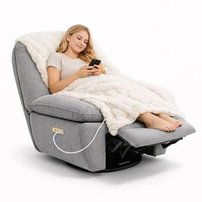 Produktbild von FLEXISPOT XR6 Oval Elektrischer Relaxsessel mit Decke, 360° drehbarer Fernsehsessel mit Liegefunktion, USB-Anschluss, Rückenlehne, Fußstütze, Grau