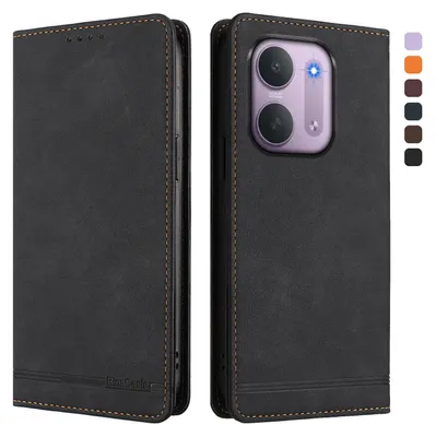 Image de Étui pour Xiaomi Redmi 17C 5G, coque rabattable en cuirPolyuréthanerétro avec support et emplacements pour cartes, couleur noire