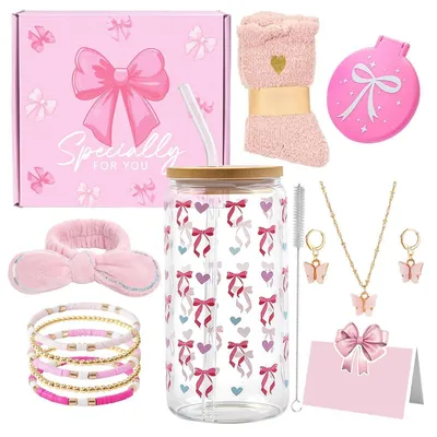 Immagine prodotto di Set regalo per ragazze dai 9 ai 16 anni, contenente: bicchiere, gioielli, fascia per capelli, specchio, calzini e biglietto di auguri