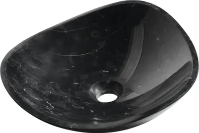 A black marble basin with white veining, shown from a slightly elevated angle against a white background.