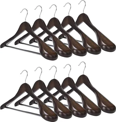 Produktbild von Kleiderbügel 10 Stück aus Holz mit extra breiter Schulterauflage Non-Slip,for Shirts, Coats, Jackets,  Suits, 360° Rotating Hook（Farbe Walnuss dunkel）