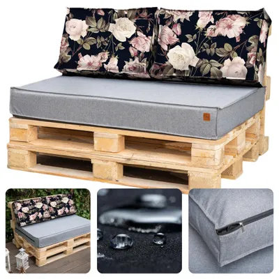 Produktbild von Palettenkissen 120 x 80 Set für Palettenmöbel Europaletten Sitzkissen EU Palettensofa komplett besteht aus 3 Teilen in Farbe: hellgraue + rosa Kissen