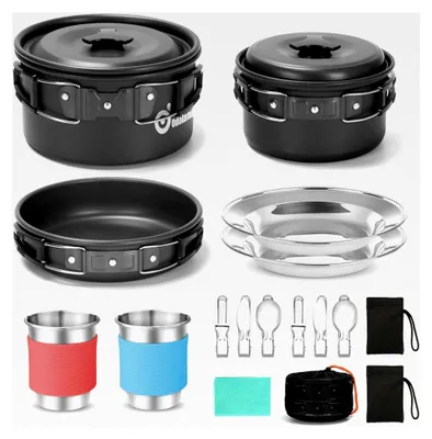 Produktbild von Campinggeschirr-Set mit Töpfen, Pfanne, Tassen, Tellern und Besteck, faltbar, für 1-2 Personen, leicht und kompakt für Camping, Trekking, Picknick und Wandern