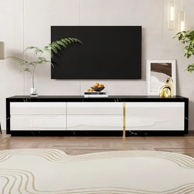 Obrázek produktu pro AIORBER Moderní TV skříňka s variabilní délkou (140-260 cm), otočnou funkcí, vzhledem černého mramoru, bílým lesklým povrchem a zlatými ozdobami