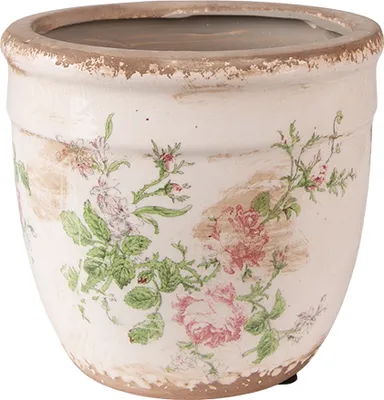 A close-up studio shot of a ceramic flower pot with a floral design.