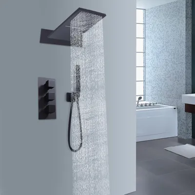 Productafbeelding van Inbouw doucheset met thermostaat, regendouche, handdouche en douchekop, instelbaar van 30-50°C, messing, zwarte doucheset voor badkamers