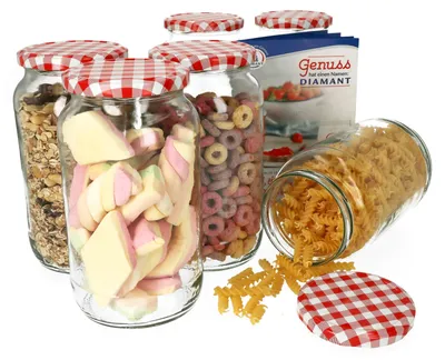 Zdjęcie produktu dla zestaw 6 słoików na przetwory 1062 ml okrągły słoik z czerwoną pokrywką w szachownicę słoiki na przetwory słoiki na dżem