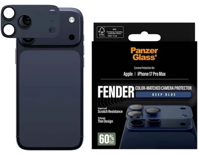 Zdjęcie produktu dla PanzerGlass ® Fender Camera Protector Deep Blue iPhone 17 Pro Max, Apple, Apple - iPhone 17 Pro Max, Aplikacja na sucho, Odporny na zadrapania, Odporny na wstrząsy, Niebieski, 1 szt.
