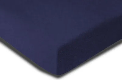 A close-up, angled view of a dark blue fitted sheet.