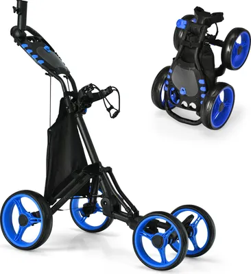 Produktbild von GOPLUS Golf Trolley, Golftrolley 4 Rad mit Verstellbarer Griff, Fußbremse, Golfwagen klappbar mit Scorecard, Blau