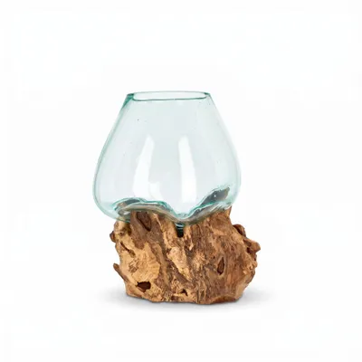 Produktbild von AlPa Living Großes Windlicht Glas auf Wurzelholz – Vase & Teelichthalter aus recyceltem Glas, handgemacht, ca. 26 cm