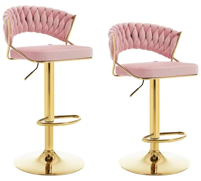 Image de Tabourets de bar - Lot de 2 - Réglables en hauteur - Rotation à 360° - Avec dossier - Revêtus en velours - Rose