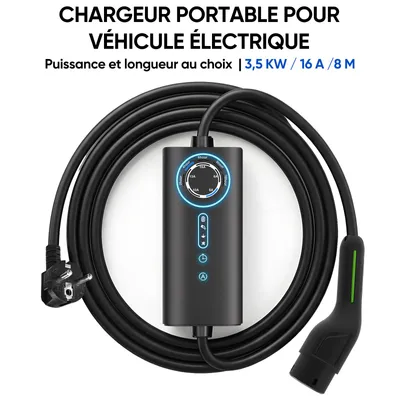 Image de Chargeur pour voiture électrique 3,5 kW, monophasé, 16 A, câble de recharge de 8 m, type 2, prise Schuko, borne murale mobile EV, prise CEE, 230 V