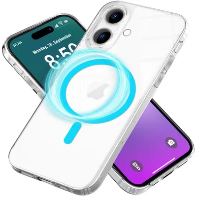 Produktbild von NALIA Neon-Ring Case für iPhone 16 – MagSafe Kompatibel & Nachleuchtend – NIGHT-GLOW (Transparent & Anti-Gelb) – Marke aus Berlin – Blau