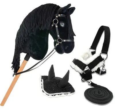 Productafbeelding van Ensemble Hobby Horse Black Star: zwart Fries paard met zwart hoofdstel, teugels, longeerlijn en een zwart-witte kap. Formaat A3