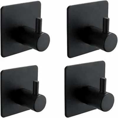 Image de Lot de 4 crochets adhésifs pour salle de bain, cuisine, porte-serviettes, crochets sans perçage, en acier inoxydable noir.
