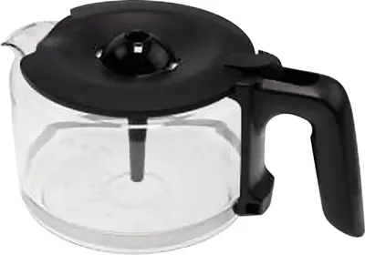 A clear glass coffee pot with a black lid and handle, isolated on a white background.