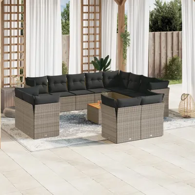 Produktbild von Design 13-tlg. Garten-Sofagarnitur mit Kissen Grau Poly Rattan, Gartenmöbel-Sets 2024 Neu