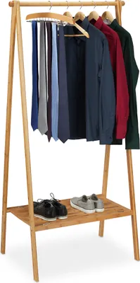 Obrázok produktu pre Relaxdays Stojan na odevy z bambusu, skladací vešiak s odkladacou plochou, priestorovo úsporný, do predsiene, rozmery 170 x 83 x 56 cm, prírodná farba