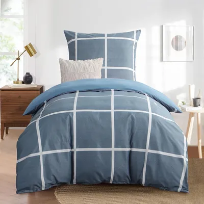 Produktbild von Bettwäsche-Set 155x220 cm 2-teilig Karo Denimblau Mikrofaser Reißverschluss Bügelfrei