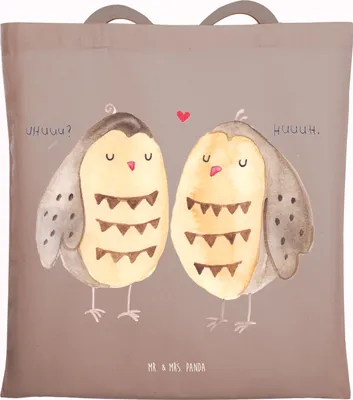 Produktbild von Mr. & Mrs. Panda Schultasche Eulen Liebe - Braun Pastell - Geschenk, Hochzeit Spruch, Jutebeutel, Laptoptasche, glücklich, Tote Bag, Eule, Owl, Shopping Tasche