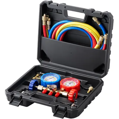 Produktbild von VEVOR Kältemittel Manometer 3-Wege Auto Kältemittel Verteiler Messgeräteset, R134A-R22-R12-R502 AC 4 Stk. 5 Fuß Ladeschläuche Kältemittel Manifold Messgerät AC-Diagnosewerkzeuge Autoklimaanlagen