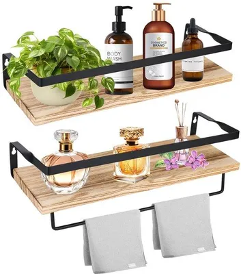 Produktbild von Azomor® Set aus 2 Holzregalen mit Handtuchhalter und Metallhaltern