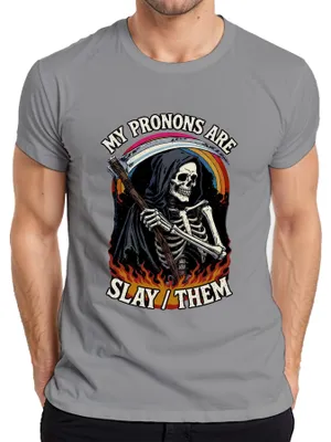 Produktbild von Sensenmann Skelett Pride My Pronons Are Slay Them Gothic Herren T-Shirt, Grau, 3XL
