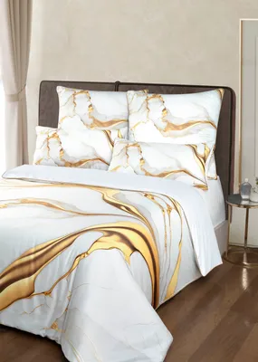 Produktbild von Bettwäsche Set aus 100% Baumwolle Mako Satin | 1x Bettbezug 135x200cm, 1x Kissenbezug 80x80cm | Saum und Reißverschluss goldfarben | Marble White