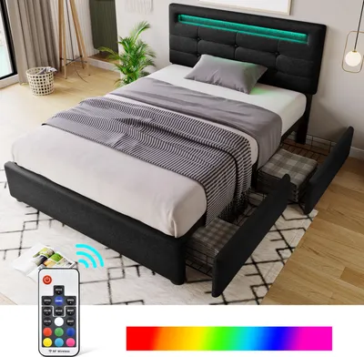 Produktbild von Flieks Polsterbett 90x200cm mit LED und höhenverstellbarem Kopfteil, Einzelbett mit Lattenrost und 2 Schubladen, Stauraumbett Leinen, Schwarz