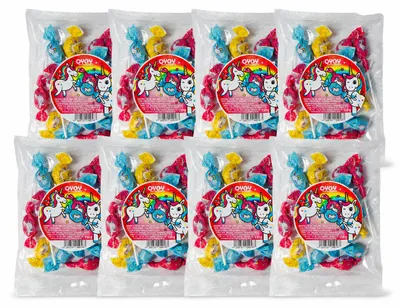 Produktbild von Süßigkeit OYOY Einhorn-Lutscher mit 3 Sorten – 120 Stück, 1.200 g (8 Beutel à 15 Lutscher), für Einhornpartys, Kindergeburtstage und Schultüten, KI-generiertes Bild