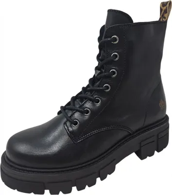 A black lace-up boot with a thick sole and a leopard print detail at the heel.