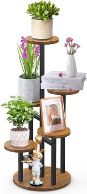 Immagine prodotto di Porta piante in legno porta fiori a 6 livelli scaffale per fiori scaffale per piante angolare in metallo per interni esterni per più piante angolo soggiorno balcone esterno giardino nero