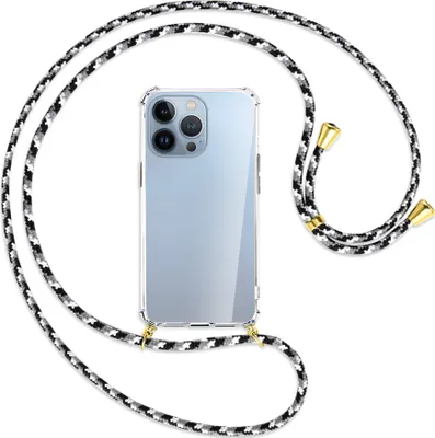 Produktbild von Handykette Backcover-Schutzhülle mit Band (Metall goldfarben) für Apple iPhone 13 Pro Max - schwarz/grau/weiß