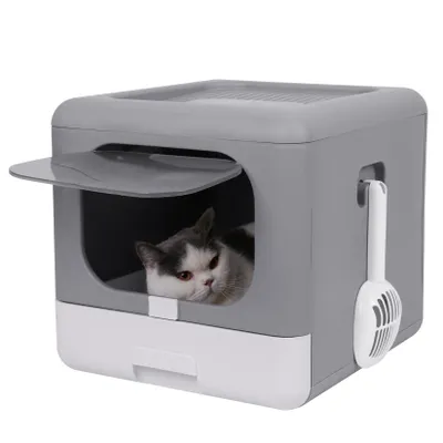 Image de Litière pliable pour chat avec couvercle et porte frontale – WC pour chats 43×40,5×37,5 cm avec bac et pelle, gris