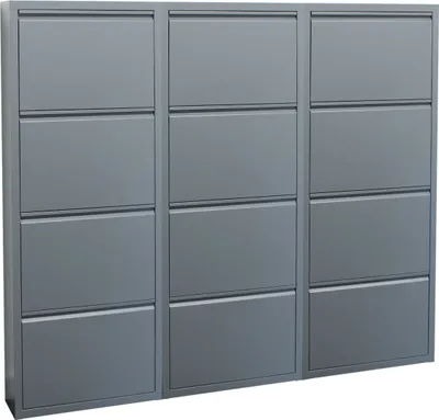 Produktbild von Pisa Schuhschrank mit 12 Klappen/Türen in Metall grau. Fertig montiert geliefert.