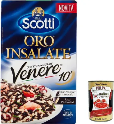 Produktbild von 12x Riso Scotti ORO Insalate 10', mit Reis Venere Integrale, Schwarzer Reis, gewachsen in Italien, Vollkorn, 800 g, reich an Ballaststoffen und Antioxidantien + Italian Gourmet polpa 400g