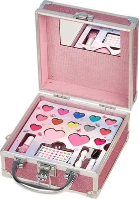 An open pink glitter makeup case for children, filled with colorful heart-shaped eyeshadows, lip gloss, nail polish, and applicators.