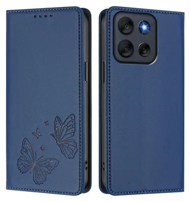 Produktbild von Lederhülle für Motorola Moto G56, Schmetterling Prägung Leder Brieftasche Schutzhülle mit Ständer Dunkelblau