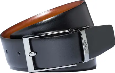 A black and brown leather belt with a silver buckle.