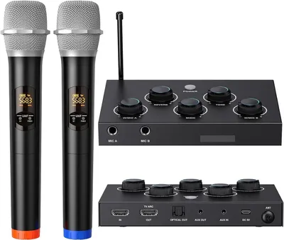 Immagine prodotto di Sistema di microfoni wireless, microfono karaoke UHF, microfono wireless per karaoke, ideale per matrimoni, eventi promozionali, conferenze, feste. Set karaoke completo con