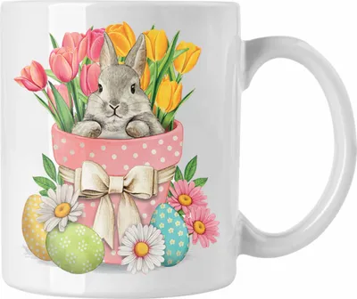 Produktbild von Trendation - Tasse Ostern Ostergeschenke Kinder Jugendliche Geschenke Lustige Grafik Osterhase Ostereier Tulpen (Weiß)
