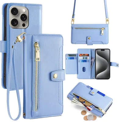 Produktbild von Handykette iPhone Hülle mit Band Handyhülle Kartenfächer Kunstleder Umhängetasche iPhone 15 Pro Max Hellblau