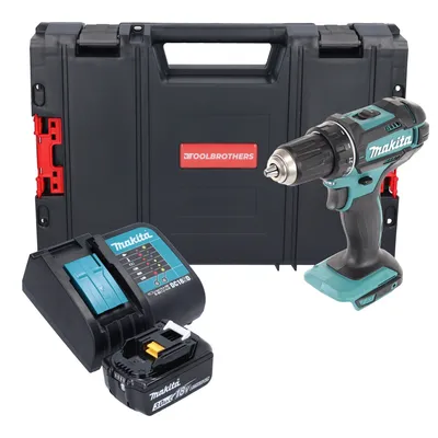 A Makita cordless drill, battery, charger, and case are displayed against a white background.