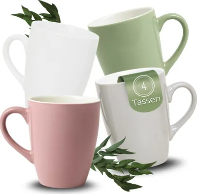 Produktbild von Kaffeetassen 4er Set aus Keramik 340ml, Teetassen schöne Farben